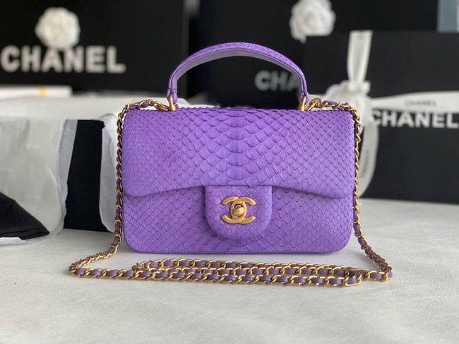 Chanel Snake skin mini flap bag with top handle AS2431 purple