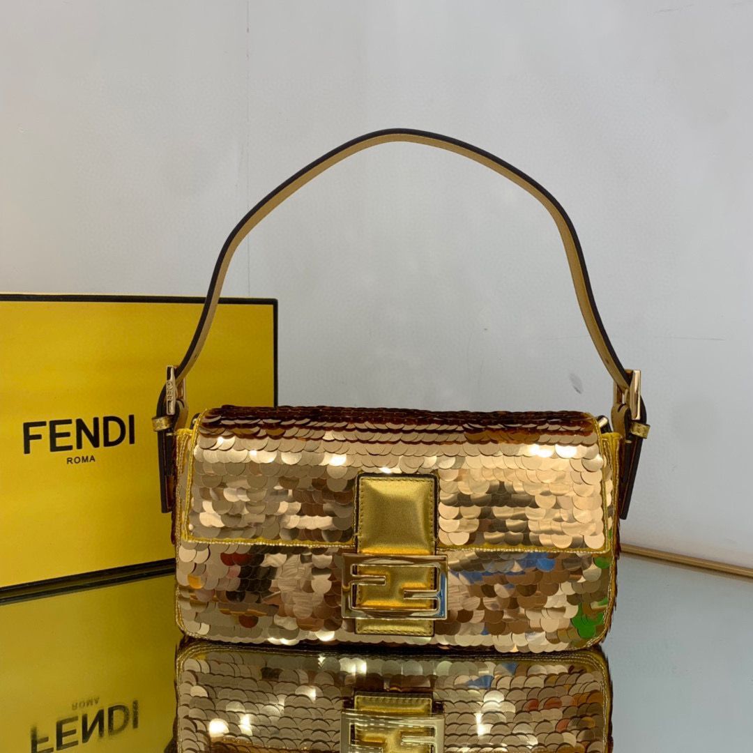Fendi FF Baguette Gold Metal Sequin Embroidery Bag 2017 Gold