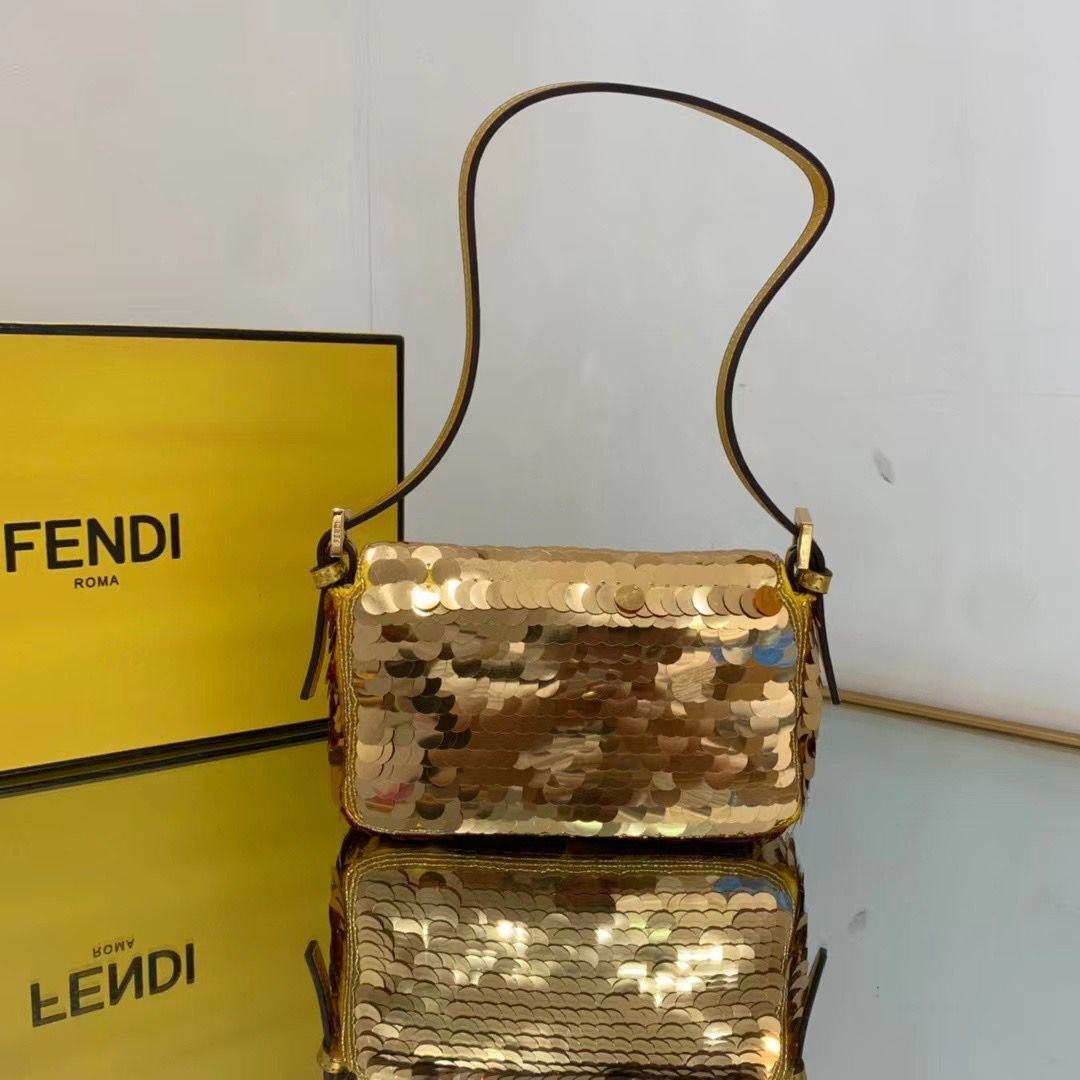 Fendi FF Baguette mini Gold Metal Sequin Embroidery Bag 2016 Gold