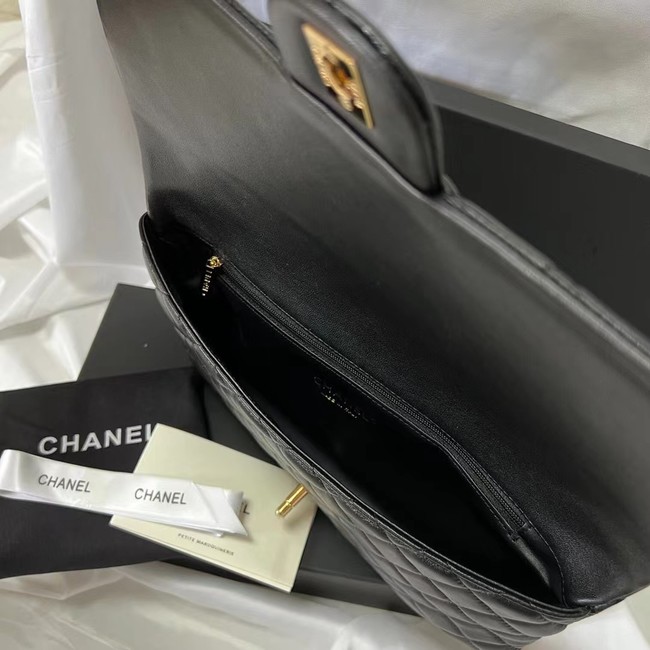 Chanel Clutch Bag Black Sheepskin Leather 7013 Gold