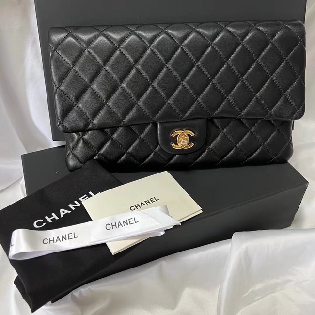 Chanel Clutch Bag Black Sheepskin Leather 7013 Gold
