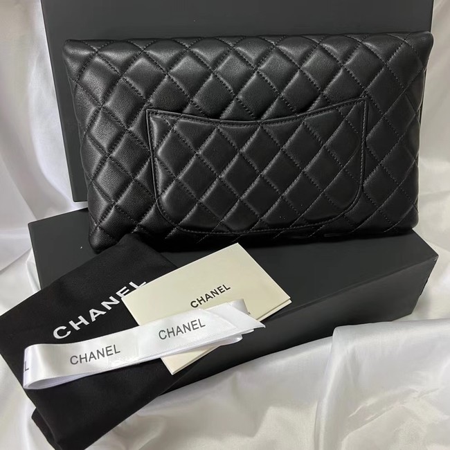 Chanel Clutch Bag Black Sheepskin Leather 7013 Gold