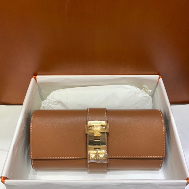 Hermes H Medor swift Leather Clutch 37566 brown&gold hardware