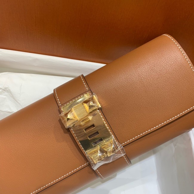 Hermes H Medor swift Leather Clutch 37566 brown&gold hardware