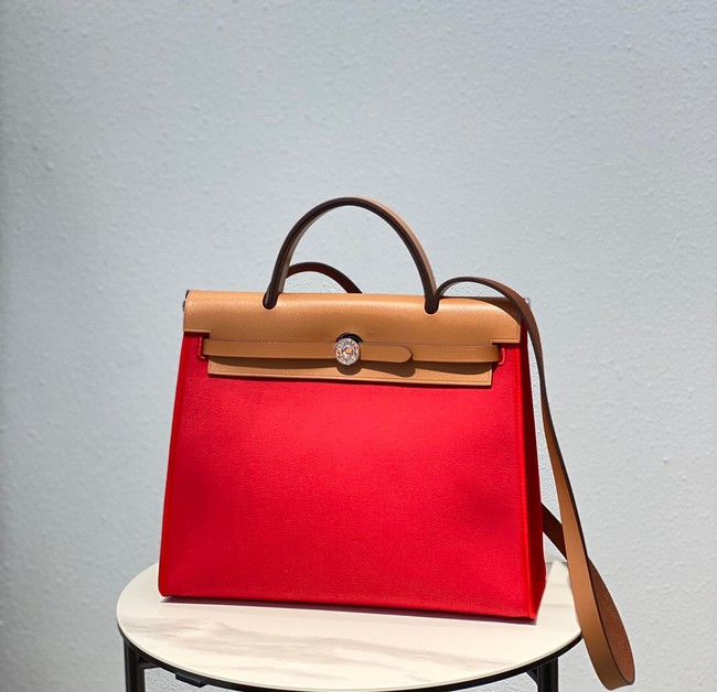 Hermes Herbag 31CM Original Canvas Leather & Calfskin 48887 red&brown