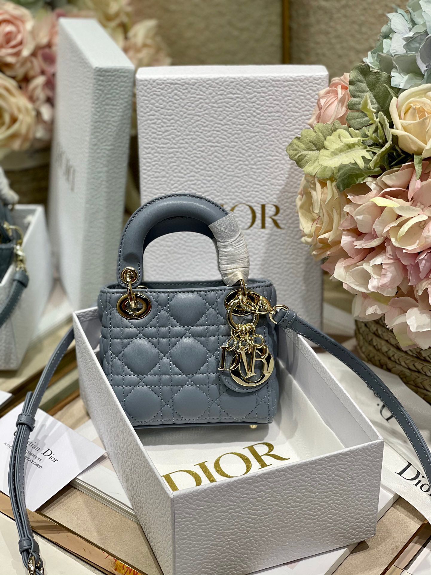 MICRO DIORAMOUR LADY DIOR BAG S08568 Gray & Gold-Tone Metal