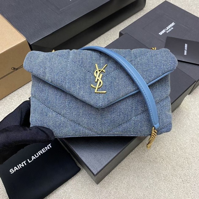 SAINT LAURENT PUFFER CHAIN BAG IN DENIM AND SMOOTH LEATHER 320333 BLUE