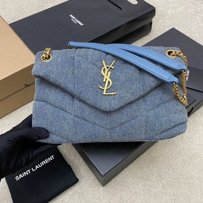 SAINT LAURENT PUFFER CHAIN BAG IN DENIM AND SMOOTH LEATHER 577476 BLUE