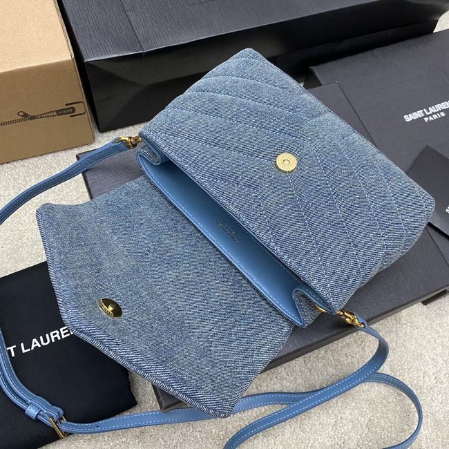 SAINT LAURENT PUFFER SMALL CHAIN BAG IN DENIM AND SMOOTH LEATHER 392255 BLUE