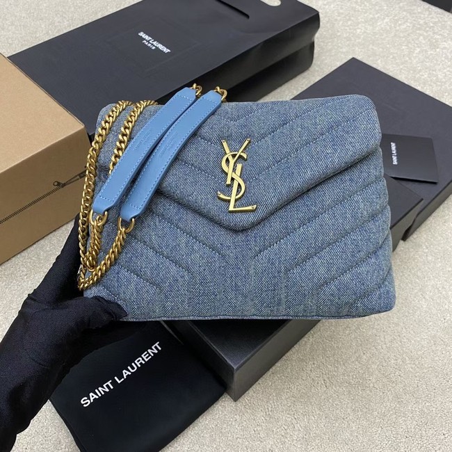 SAINT LAURENT PUFFER SMALL CHAIN BAG IN DENIM AND SMOOTH LEATHER 392277 BLUE