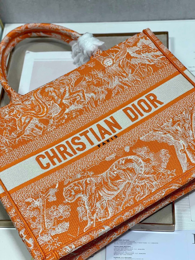 MEDIUM DIOR BOOK TOTE Fluorescent Orange Toile de Jouy Reverse Embroidery M1296ZROC