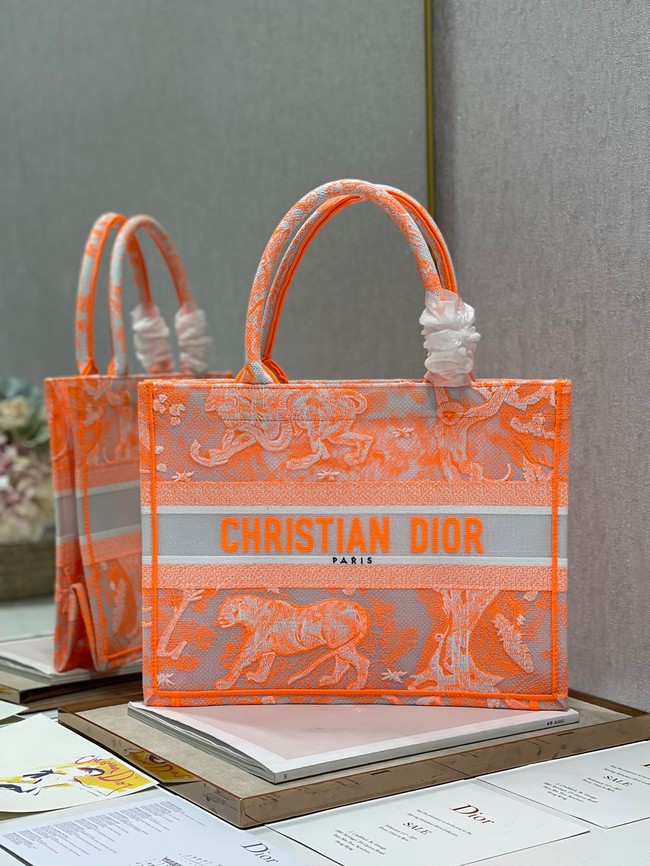 MEDIUM DIOR BOOK TOTE Fluorescent Orange Toile de Jouy Transparent Canvas M1296ZRVJ