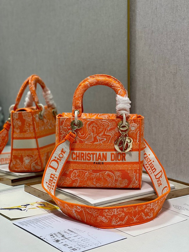 MEDIUM LADY D-LITE BAG Fluorescent Orange Toile de Jouy Reverse Embroidery M0565ORO