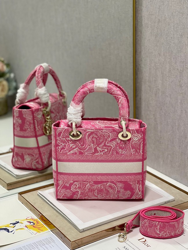 MEDIUM LADY D-LITE BAG Fluorescent Pink Toile de Jouy Reverse Embroidery M0565OROC