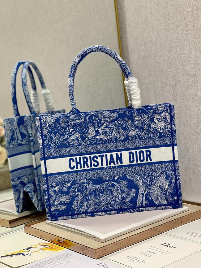 MEDIUM DIOR BOOK TOTE Fluorescent Blue Toile de Jouy Reverse Embroidery M1296ZROC