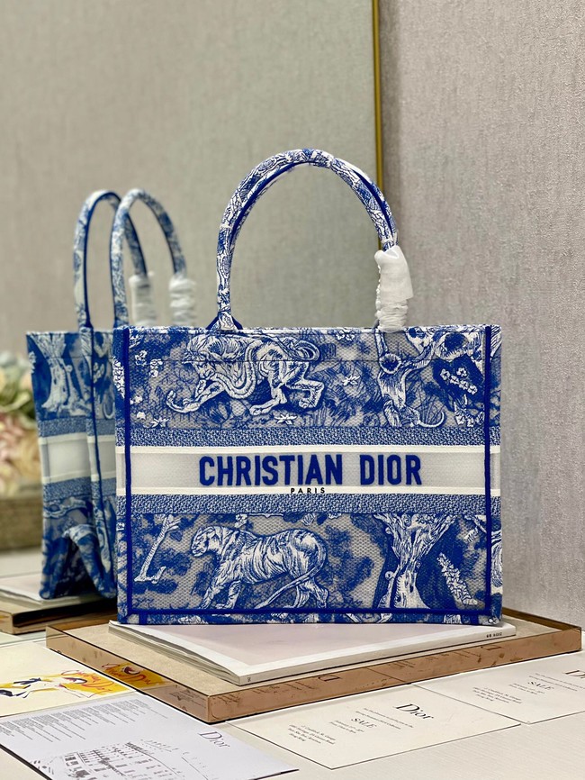 MEDIUM DIOR BOOK TOTE Fluorescent Blue Toile de Jouy Reverse Embroidery M1296ZROC