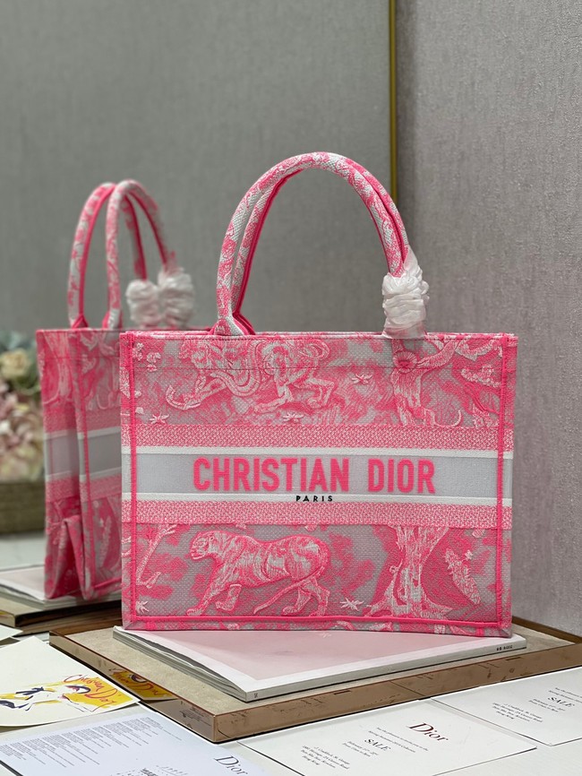 MEDIUM DIOR BOOK TOTE Fluorescent Pink Toile de Jouy Reverse Embroidery M1296ZROC