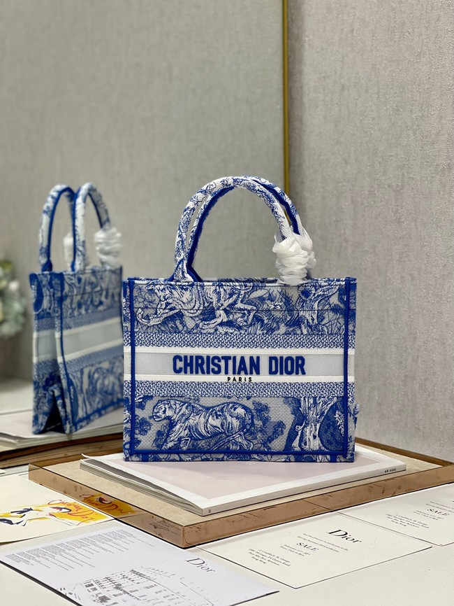 SMALL DIOR BOOK TOTE Blue Toile de Jouy Reverse Embroidery M1265ZRGO