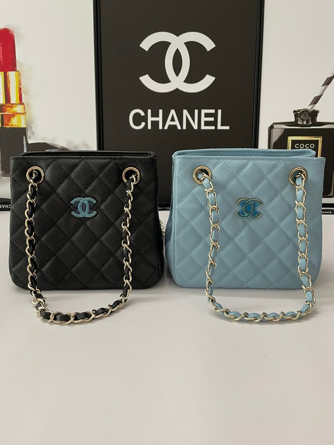 Chanel mini Shoulder Bag Grained Calfskin&Gold-Tone Metal AB3176 blue