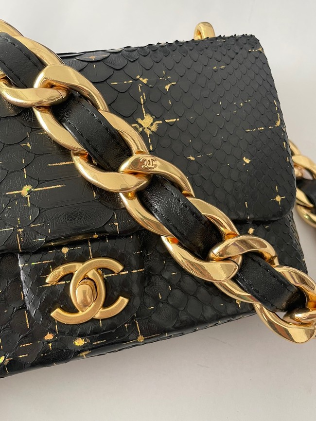 Chanel SMALL FLAP BAG Snakeskin & Gold-Tone Metal AS3214 black&gold