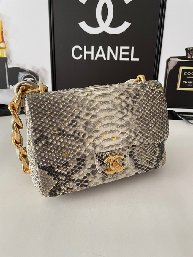 Chanel SMALL FLAP BAG Snakeskin & Gold-Tone Metal AS3214 gray