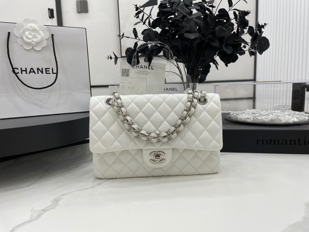 Chanel 2.55 Series Flap Bag Original Sheepskin Leather A1112 White Silver-Tone