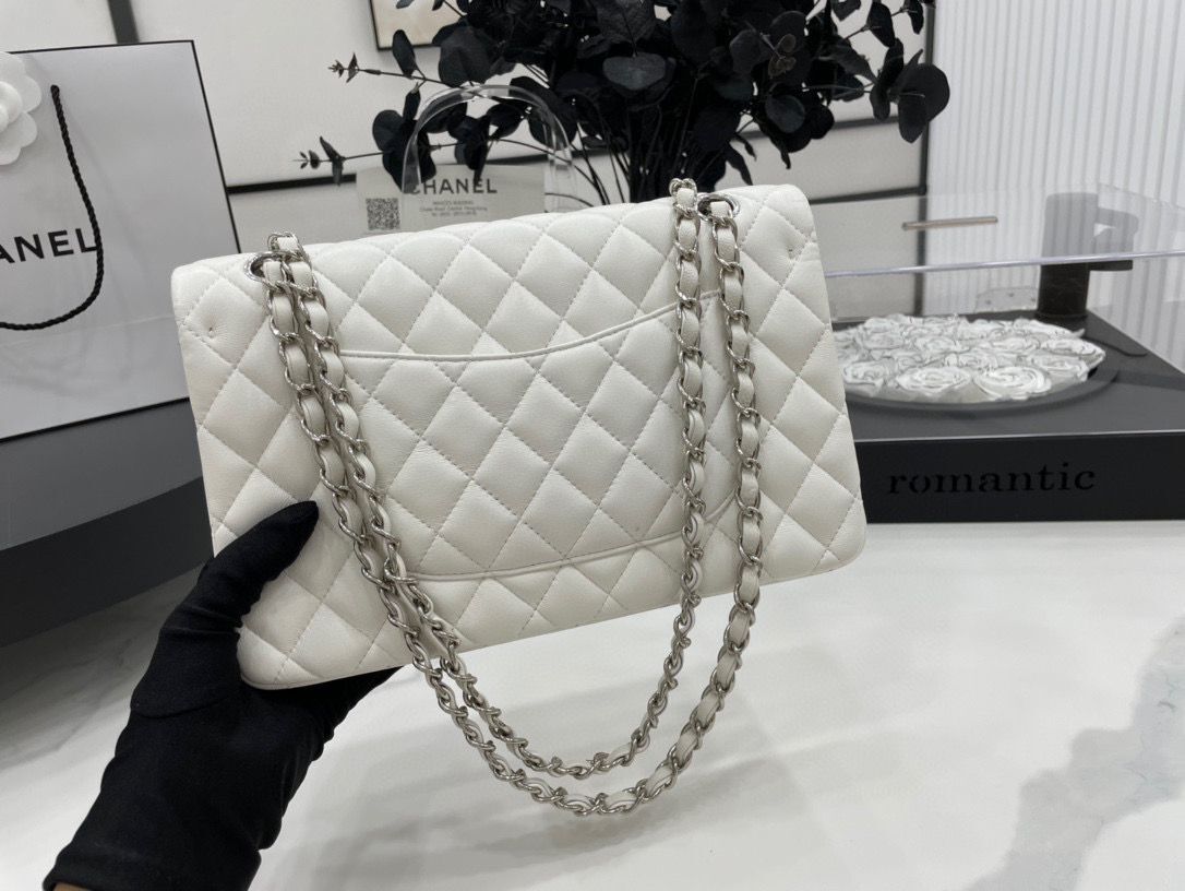 Chanel 2.55 Series Flap Bag Original Sheepskin Leather A1112 White Silver-Tone
