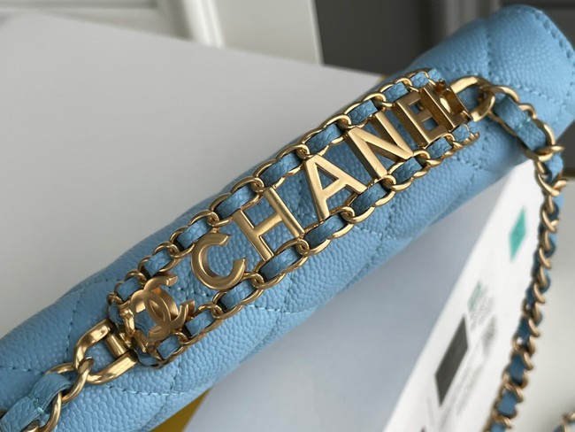Chanel MINI FLAP BAG CLUTCH WITH CHAIN Gold-Tone Metal 22SS sky blue