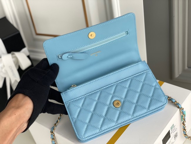 Chanel MINI FLAP BAG CLUTCH WITH CHAIN Gold-Tone Metal 22SS sky blue