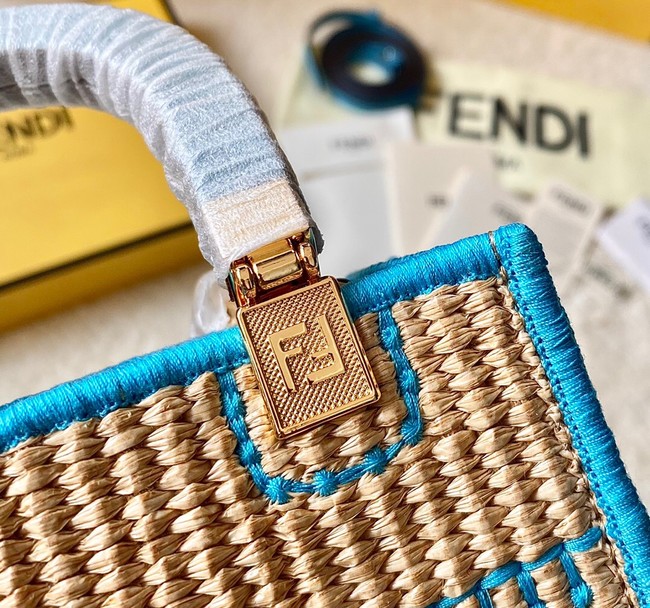 FENDI Mini Sunshine Shopper FF raffia mini-bag 8BS051A blue