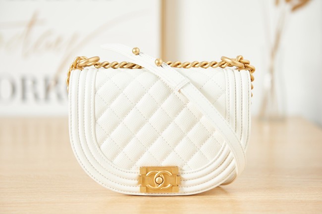 SMALL BOY CHANEL MESSENGER BAG Grained Calfskin & Gold-Tone Metal AS3350 white
