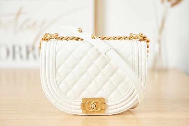 SMALL BOY CHANEL MESSENGER BAG Grained Calfskin & Gold-Tone Metal AS3350 white