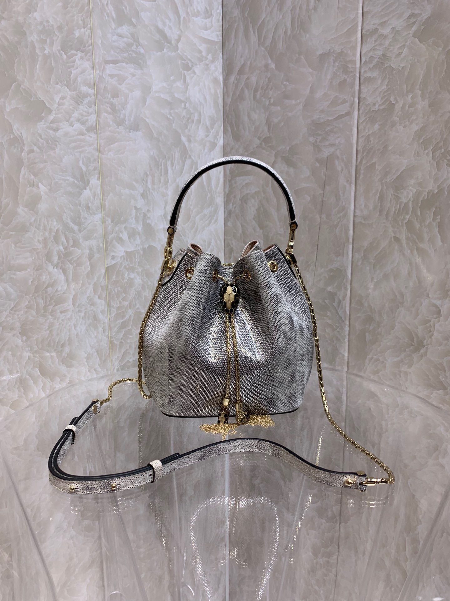 BVLGARI Original Snake Skin Bucket Bag B287614 Silver