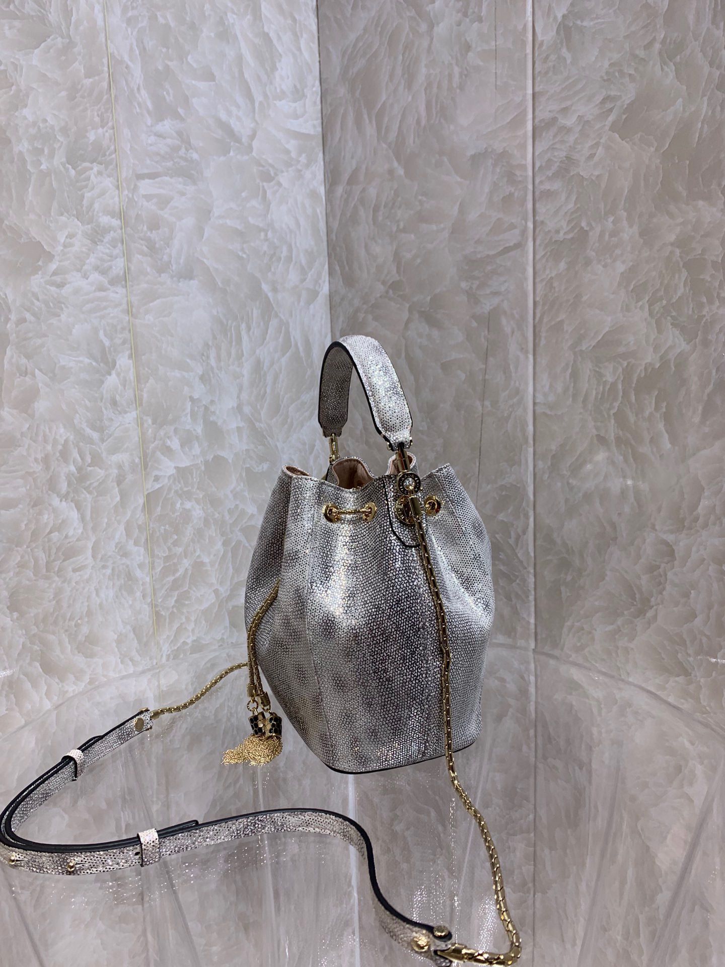 BVLGARI Original Snake Skin Bucket Bag B287614 Silver