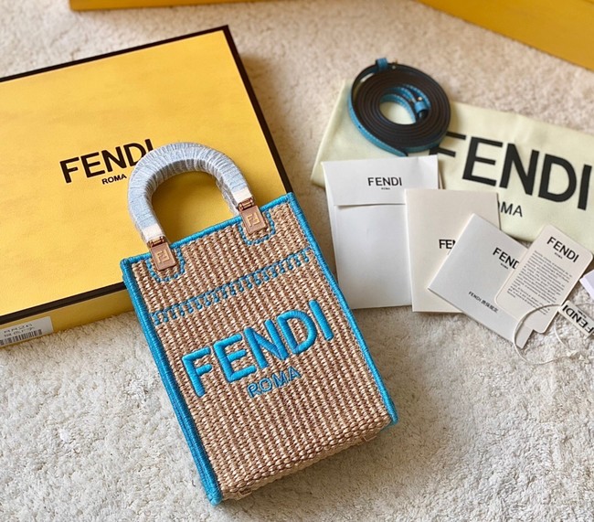 FENDI Mini Sunshine Shopper FF raffia mini-bag 8BS051A blue