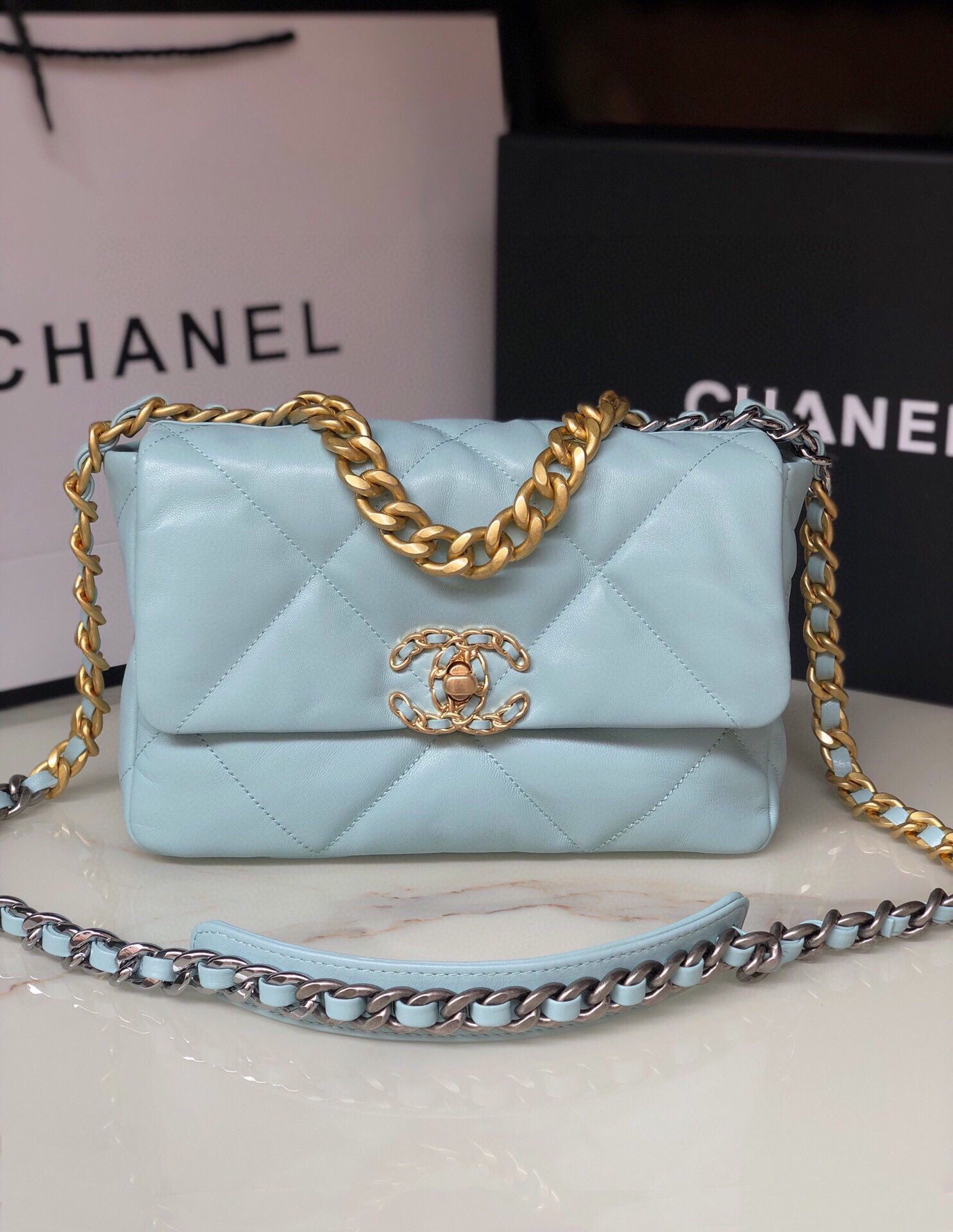 CHANEL Original Lambskin 19 Flap Bag AS1160 AS1161 light Blue