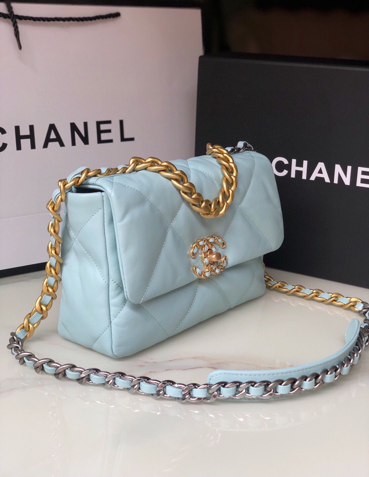 CHANEL Original Lambskin 19 Flap Bag AS1160 AS1161 light Blue