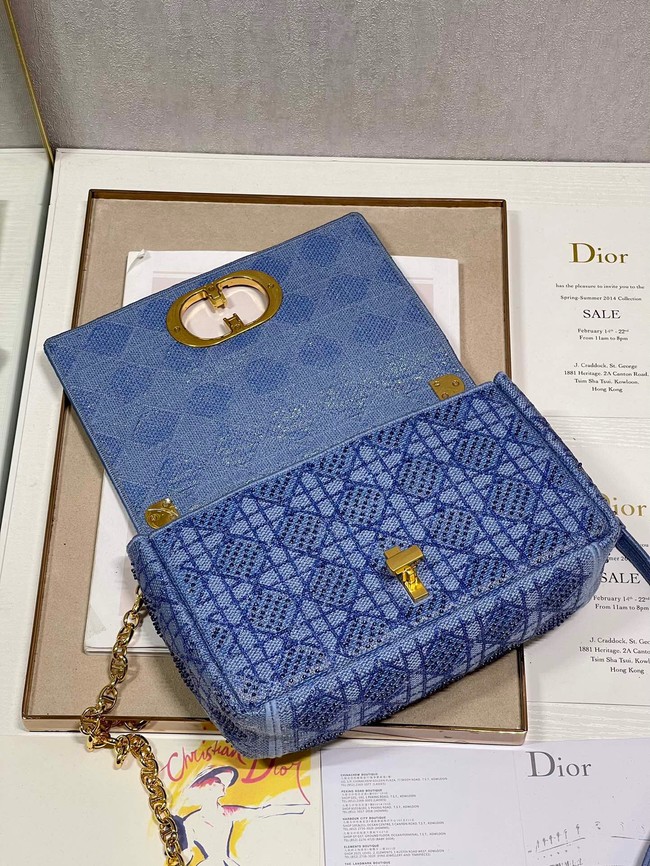 MEDIUM DIOR CARO BAG Macrocannage Tweed Embroidery M9242 blue