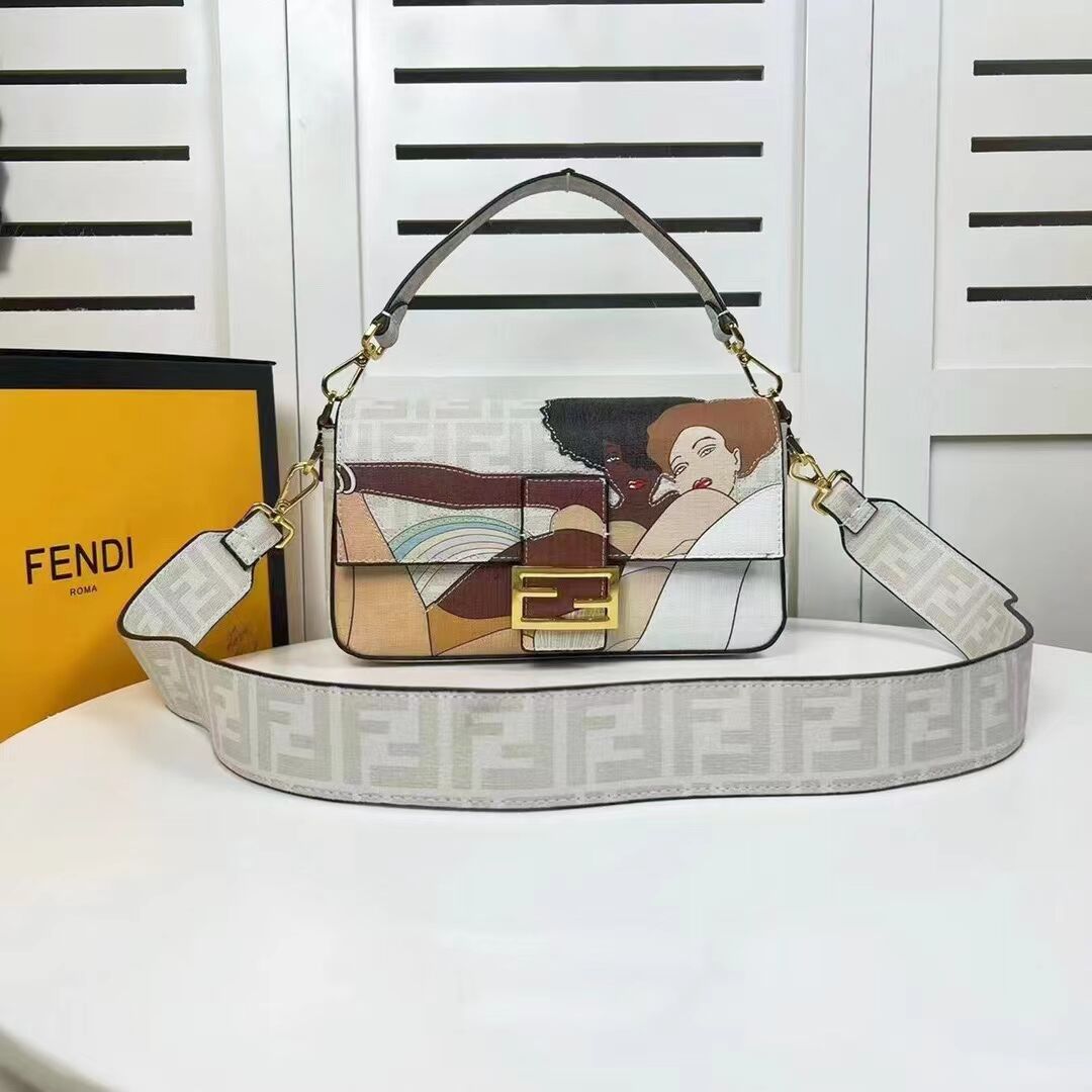 Fendi FF glazed fabric bag with inlay Baguette F0705 gray