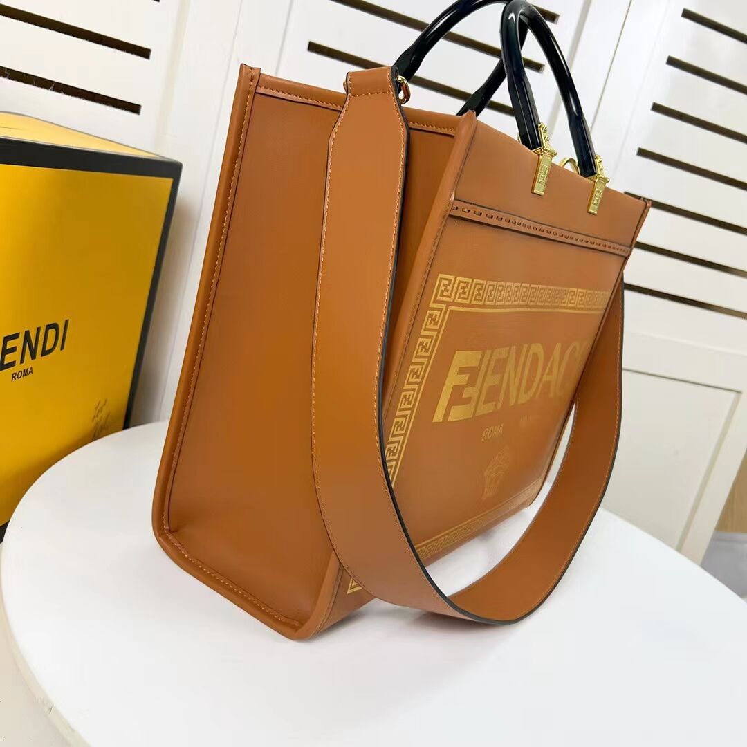 Fendi Sunshine Medium Fendace Printed black leather Logo shopper 8BH386A brown