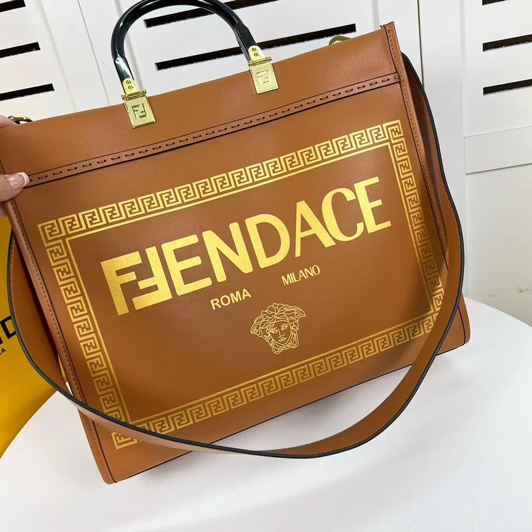 Fendi Sunshine Medium Fendace Printed black leather Logo shopper 8BH386A brown