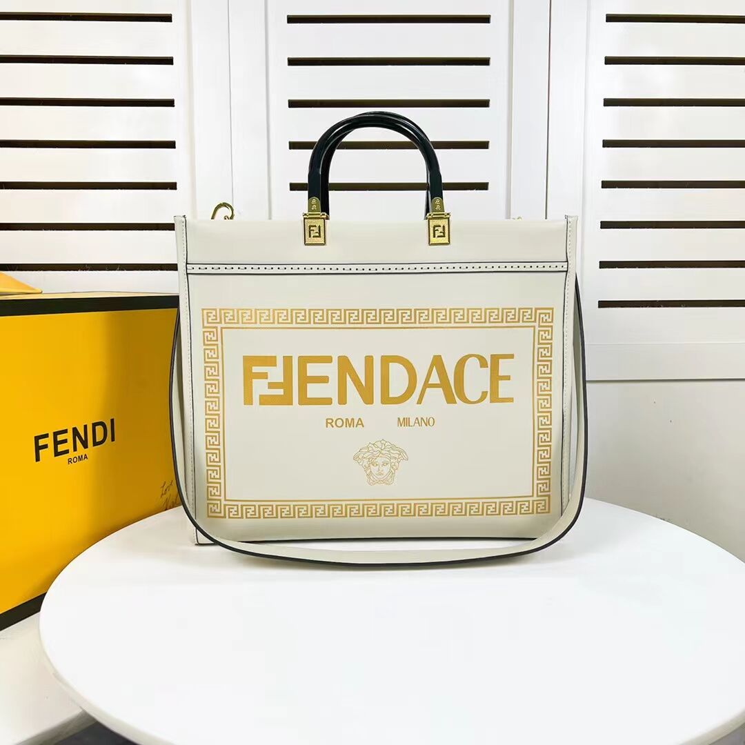 Fendi Sunshine Medium Fendace Printed black leather Logo shopper 8BH386A white