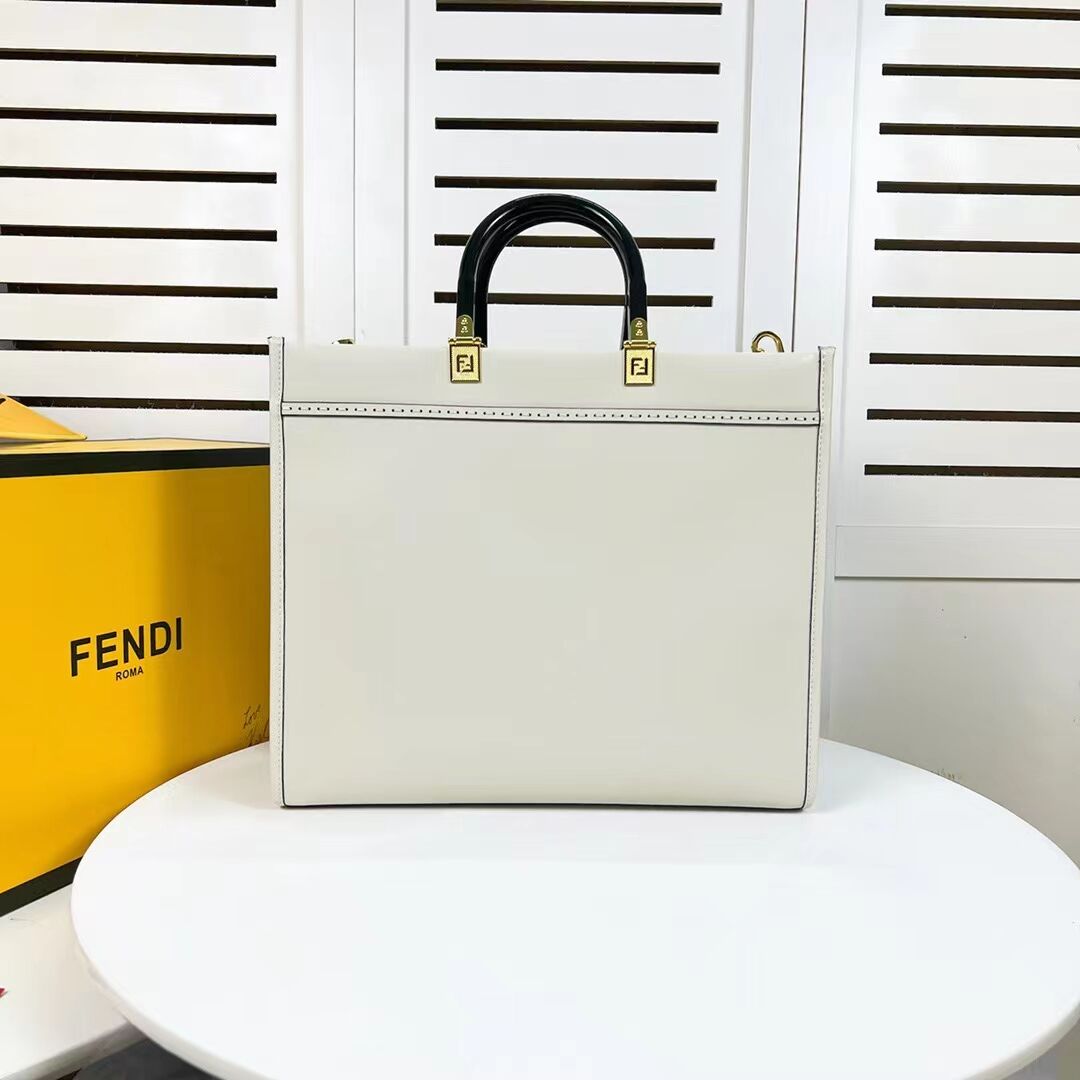 Fendi Sunshine Medium Fendace Printed black leather Logo shopper 8BH386A white