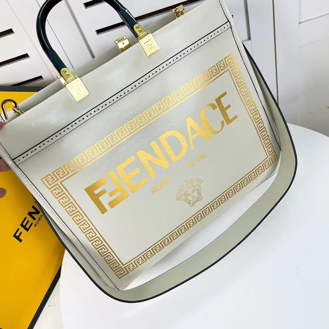 Fendi Sunshine Medium Fendace Printed leather Logo shopper 8BH386A white