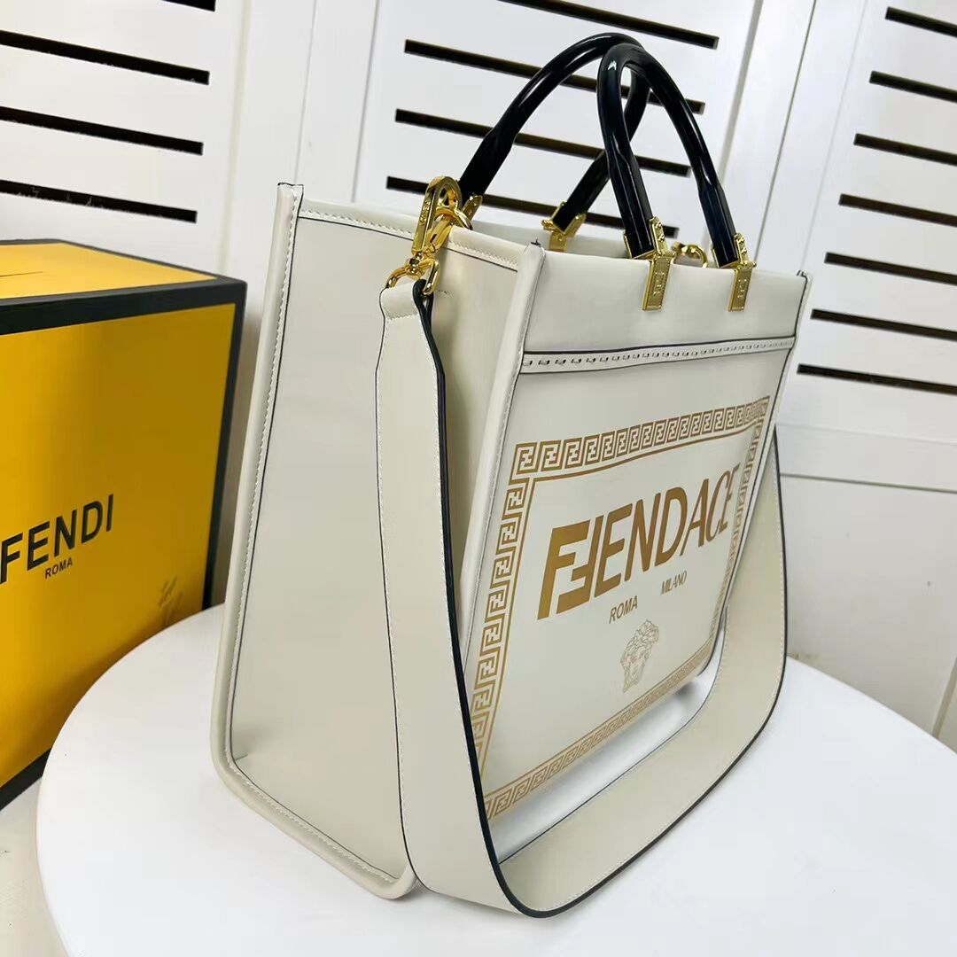 Fendi Sunshine Medium Fendace Printed leather Logo shopper 8BH386A white