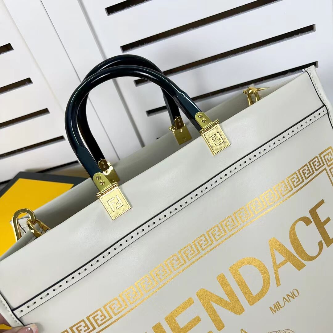 Fendi Sunshine Medium Fendace Printed leather Logo shopper 8BH386A white