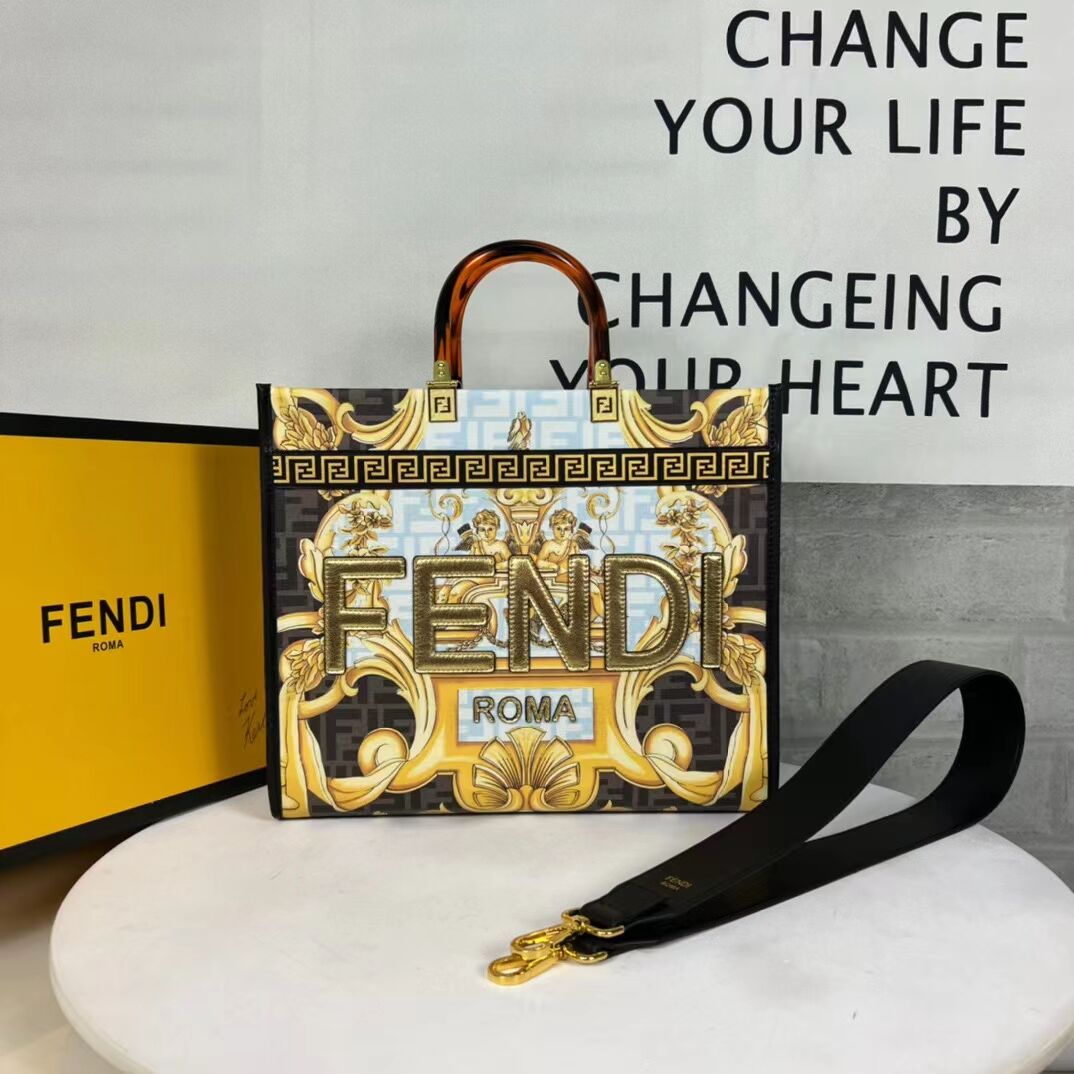 Fendi Sunshine Medium Fendace Printed white leather shopper 8BH386A-2