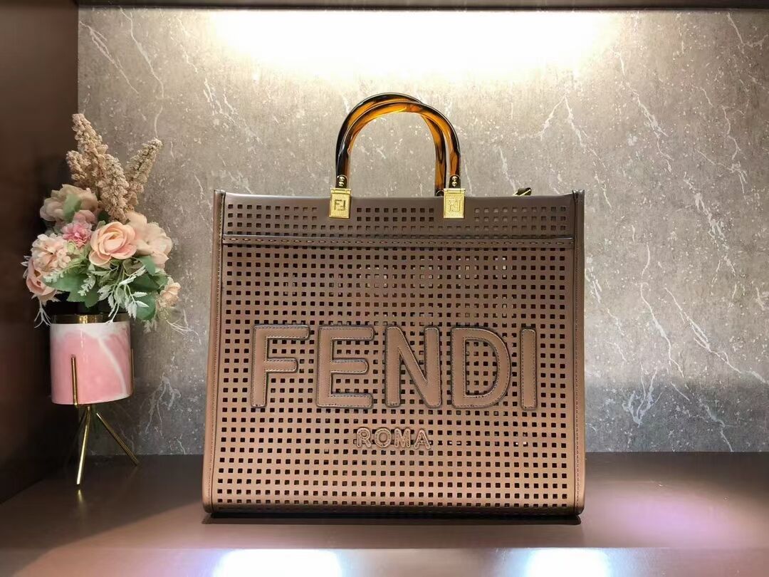 Fendi Sunshine Medium Two-toned perforated leather shopper 8BH386A Coffee