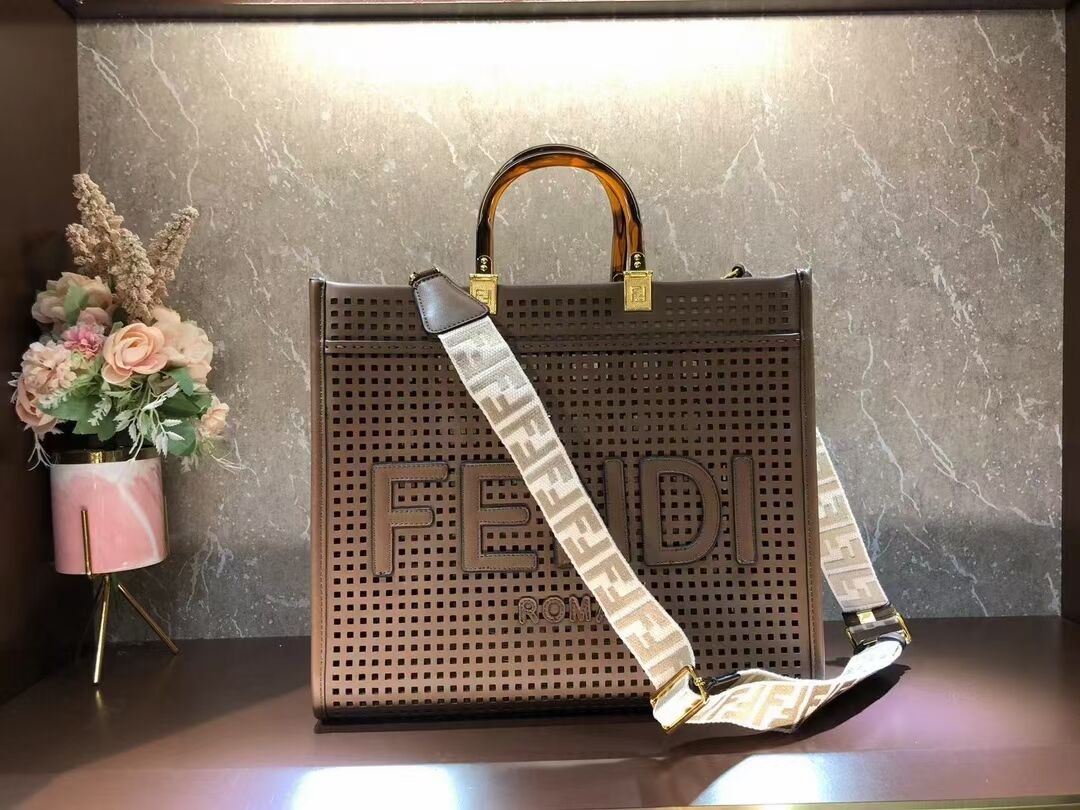 Fendi Sunshine Medium Two-toned perforated leather shopper 8BH386A  Coffee