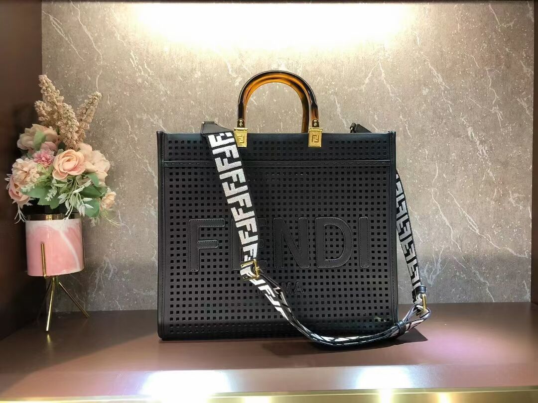 Fendi Sunshine Medium Two-toned perforated leather shopper 8BH386A black